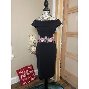 Premier Amour Women's Dress Size 2 Black Off Shoulder Floral Embroidered